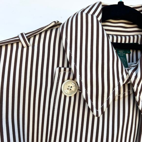 Vintage Ralph Lauren Pinstripe Brown Neutral Belted Trench Coat Large Preppy - Picture 11 of 12